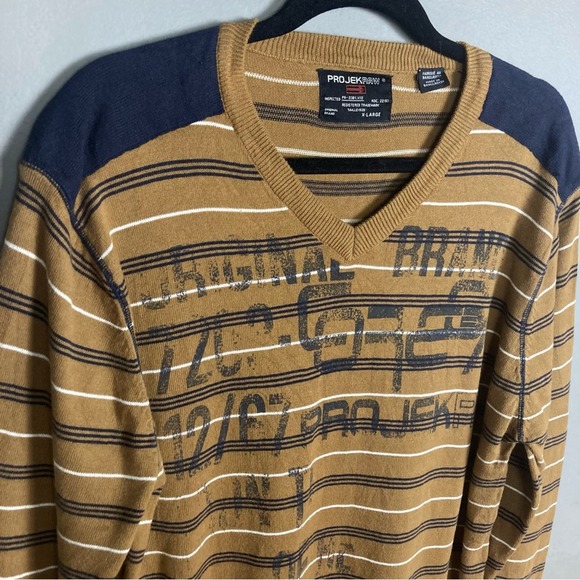 PROJEK RAW sweater brown stripe v-neck graphics lettering spell out extra large - Picture 9 of 11